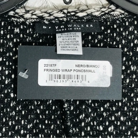 NWT Bryn Walker Women's Black & White Tweed Fringed Hemline Wrap Poncho size S - Picture 8 of 13